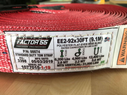 30 Foot Tow Strap Standard Duty 30 Foot x 2 Inch Red Factor 55-1