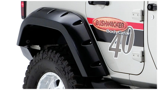 Black Max Coverage Pocket/Rivet Style Smooth Finish Rear Fender Flares With Extended Coverage For 2007-2018 Jeep Wrangler JK Unlimited 4-Door Bushwacker-1