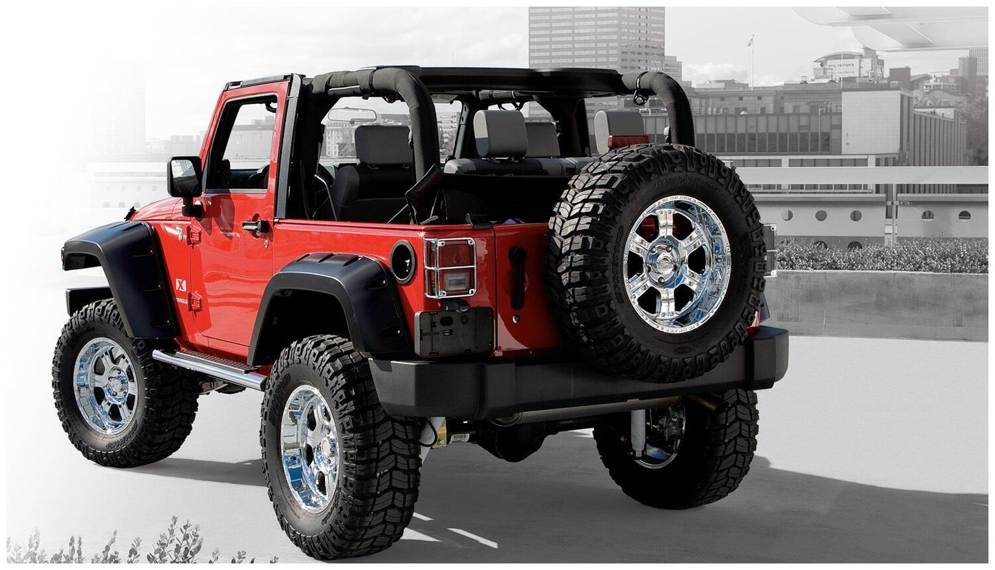 Black Max Coverage Pocket/Rivet Style Smooth Finish Rear Fender Flares With Extended Coverage For 2007-2018 Jeep Wrangler JK 2-Door Bushwacker-2