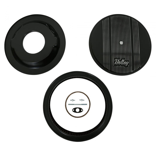 Finned Vintage Style Air Cleaner 14 Diameter X 3 Tall Round 4150 & 4160 Carburetors w/5.125 Diameter Neck Black Finned Air Cleaner Assembly Premium Element Die-Cast Aluminum Holley-1