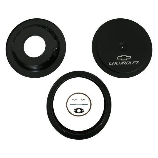 GM Muscle Series Air Cleaner Satin Black Machined 14 X 3 Air Cleaner Kit W/ Premium Filter GM Bowtie and Chevrolet Logo Holley-1