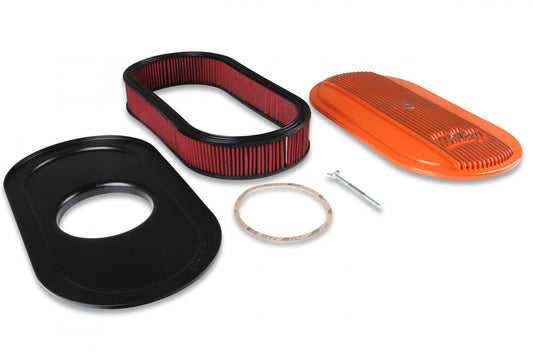Vintage Series Oval Air Cleaner Factory Orange Machined 2.5 X 17 X 9 Inch Red Cotton Gauze Filter Element Single 4-bbl Baseplate Holley-1