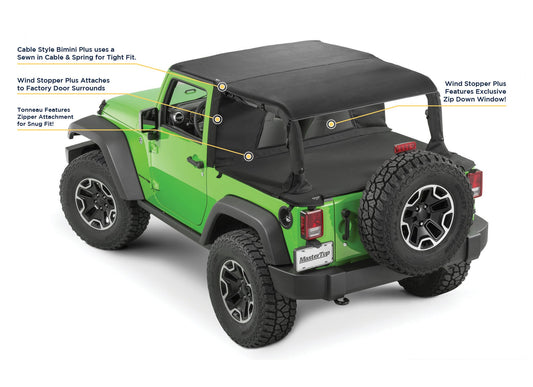 Jeep JK Combo For Soft Top Equipped Cable Style Bimini Top For 10-18 Wrangler JK 2 Door w/s Header WindStopper Plus and Tonneau MasterTop-1