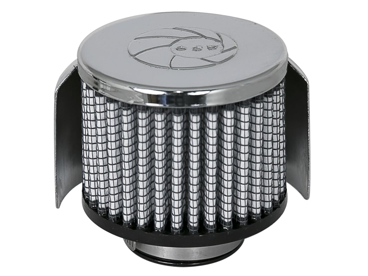 Magnum Flow Crankcase Vent Filter w/ Pro Dry S Media 1-1/2 Inch F x 3 Inch B x 3 Inch T x 2-1/2 Inch H - w/ Chrome Heat Shield aFe Power