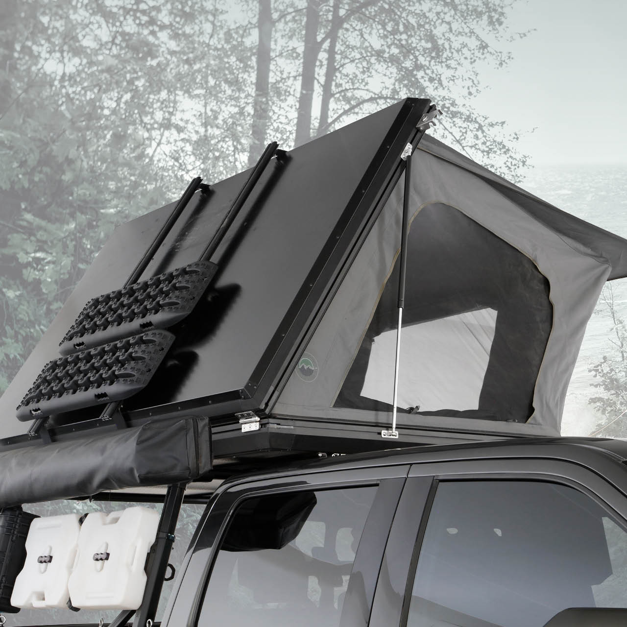 Overland Vehicle Systems Aluminum Clam Shell Roof Top Tent Sidewinder Side Opening Overland Vehicle Systems