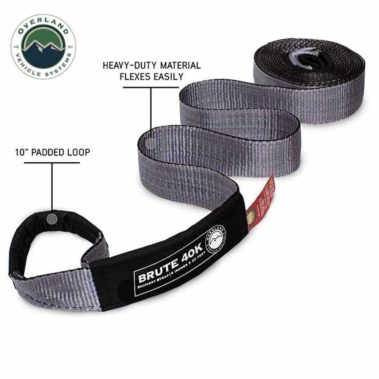 Overland Vehicle Systems Tow Strap 4 Inch x 20 Foot Grey With Black Ends and Storage Bag Overland Vehicle Systems