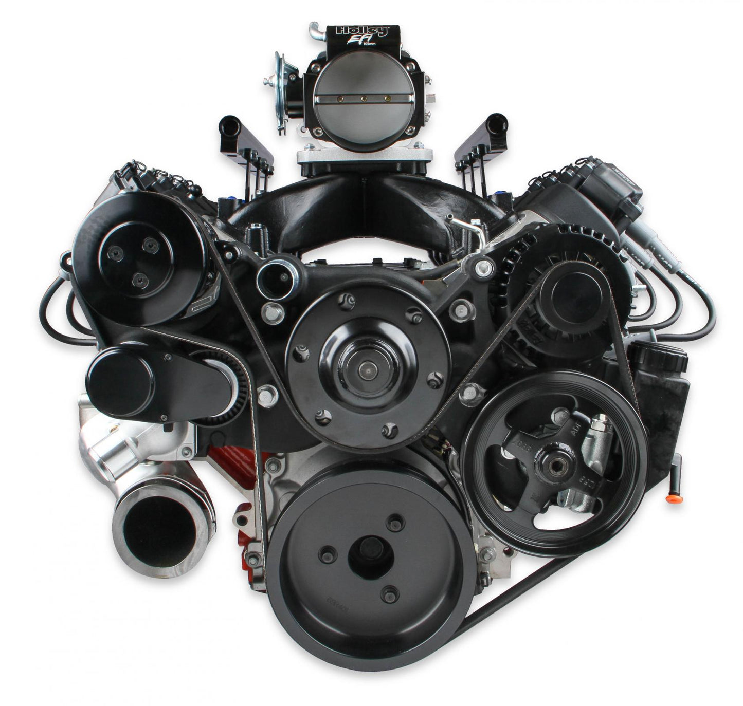 Premium Black Mid-Mount Complete Accessory System LS Engine Drive Includes SD7 A/C Compressor, Alternator, P/S Pump, Tensioner, SFI Certified Damper W/hard Anodized Billet Crank Pulley, Belt, & Pulleys Holley-7