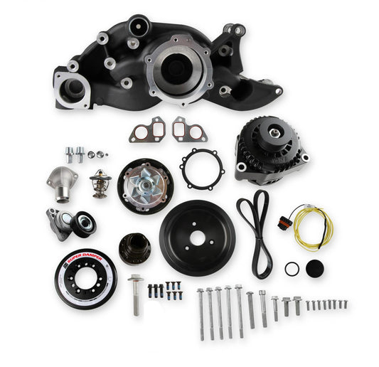 Premium Mid-Mount Race Accessory System-Black Finish LS Engine Drive Includes Alternator, Tensioner, SFI Certified Damper W/hard Anodized Billet Crank Pulley, Belt, & Pulleys Holley-1
