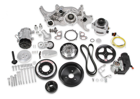 Premium Polished Mid-Mount LS7 Complete Accessory System Dry Sump LS7 Engine Drive Includes SD7 A/C Compressor, Alternator, P/S Pump, Tensioner, SFI Certified Damper W/hard Anodized Billet Crank Pulley, Belt, & Pulleys Fits Dry Sump Engines Holley-1