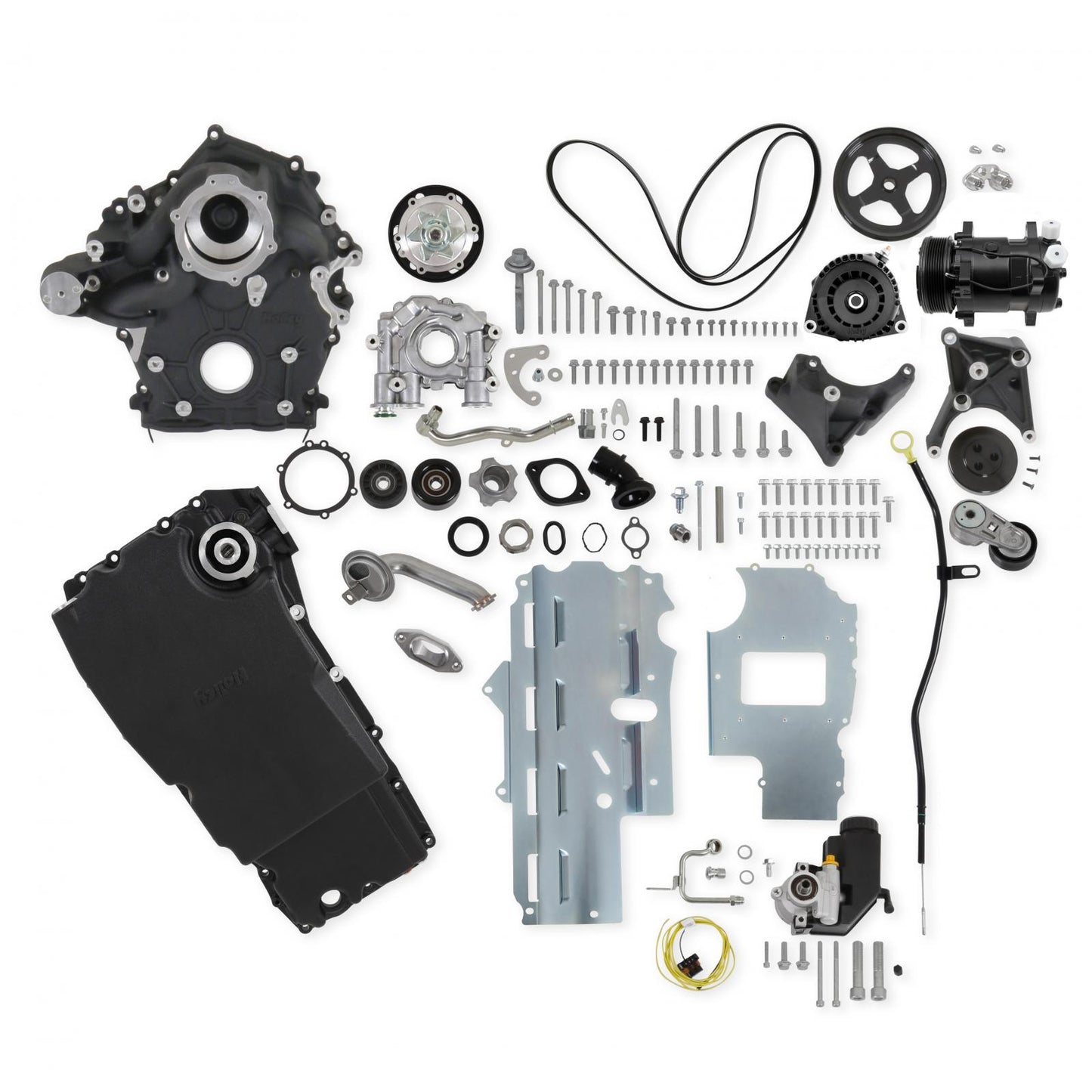 Godzilla High-Mount Accessory Drive F100 Swap Complete Black Fits Ford 7.3L Godzilla Includes Timing Cover/coolant Manifold, SD7 A/C Compressor, Alternator, P/S Pump, Tensioner, Water Pump, Belt & Pulleys, Oil Pump, and Oil Pan Holley-4