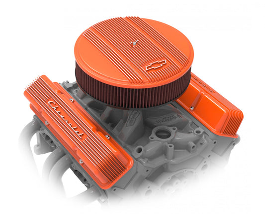 GM Licensed Vintage Series SBC Valve Covers Factory Orange Machined Finish GM Style Finned Script Perimeter Bolt Valve Cover Pair SBC Factory Orange Machined Finish Holley-1