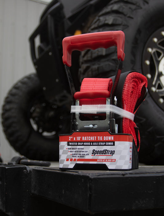 2 Inch x 10' Ratchet Tie Down w/ Twisted Snap Hooks and Axle Strap Combo Red SpeedStrap-1