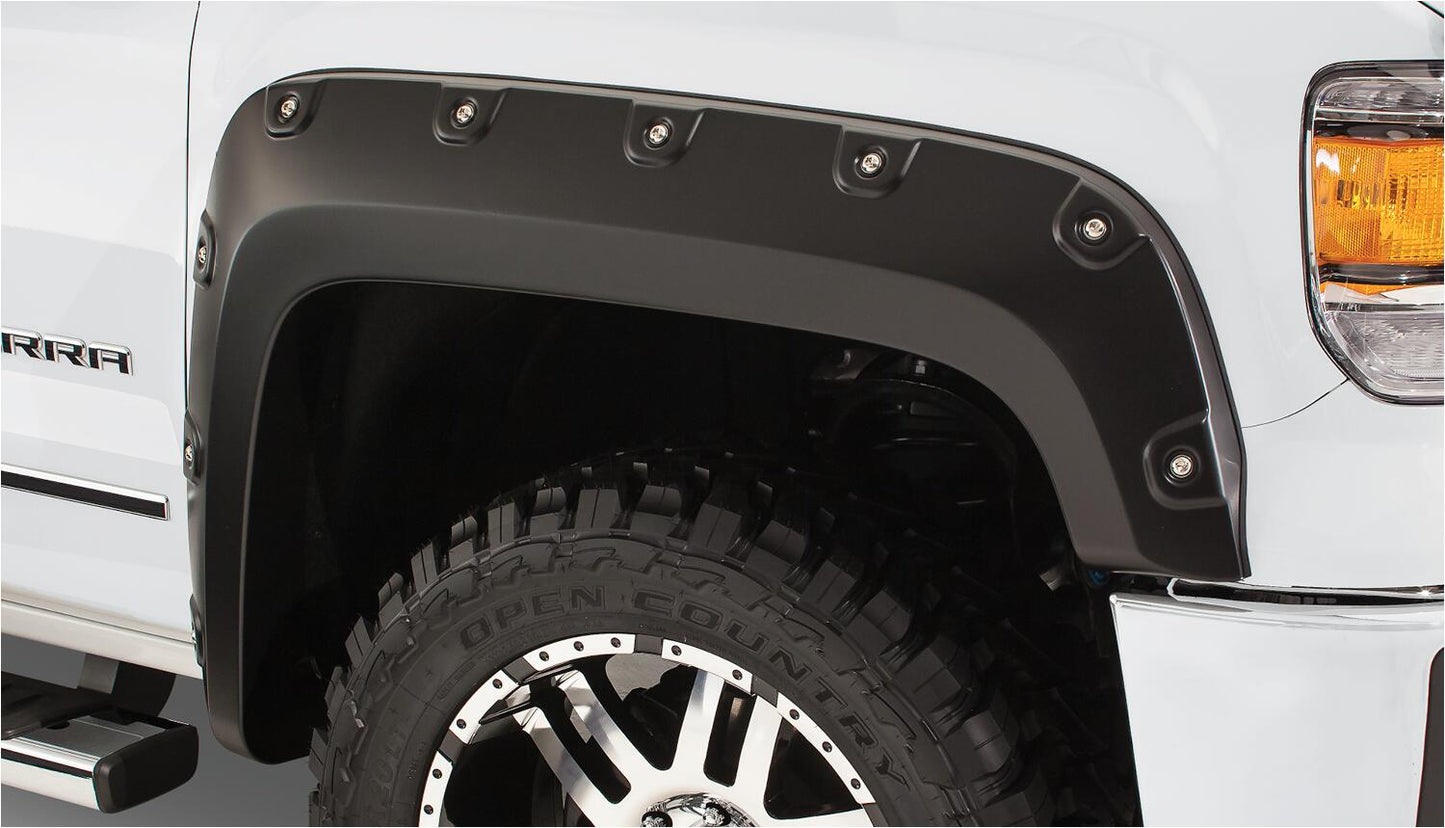 Black Boss Pocket/Rivet Style Smooth Finish Front Fender Flares For 2007-2010 Sierra 2500 Hd/3500 Hd Bushwacker