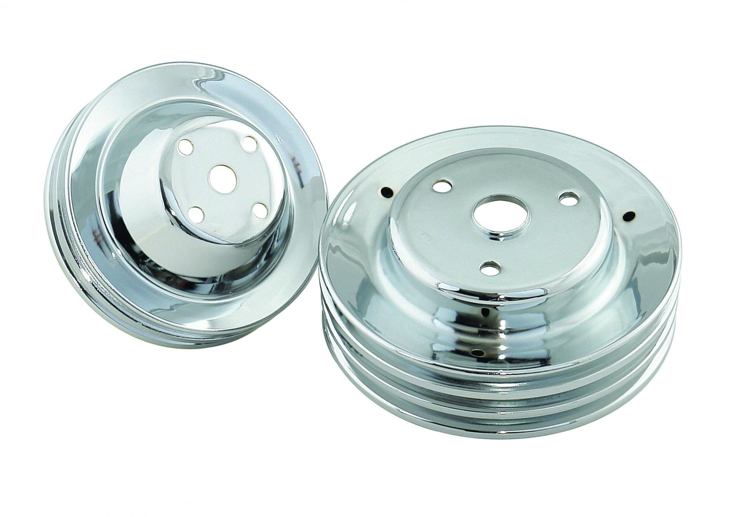 Chrome Pulley Set Double Groove Upper, Triple Groove Lower Fits 1969-1985 Chevrolet 262-400 Gen I Small Block with Long Water Pump Mr Gasket