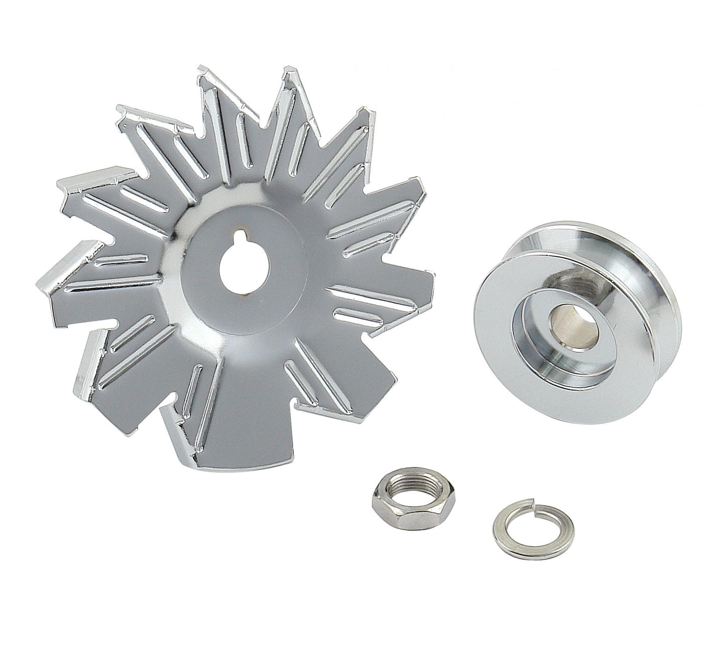 Chrome Alternator Fan & Pulley Chrome GM/Ford Mr Gasket