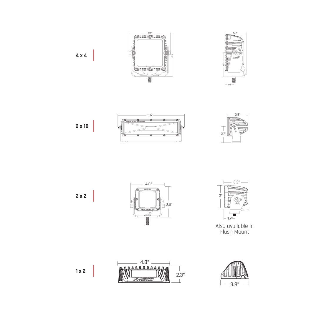 2x2 115 Degree DC Power Scene Light Black Housing Flush Mount Rigid Industries-2