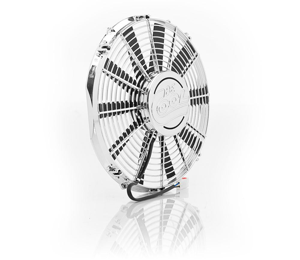 13 Inch Electric Puller Fan w/Straight Blades and Billet Cap Chrome Medium Profile Radiator Be Cool
