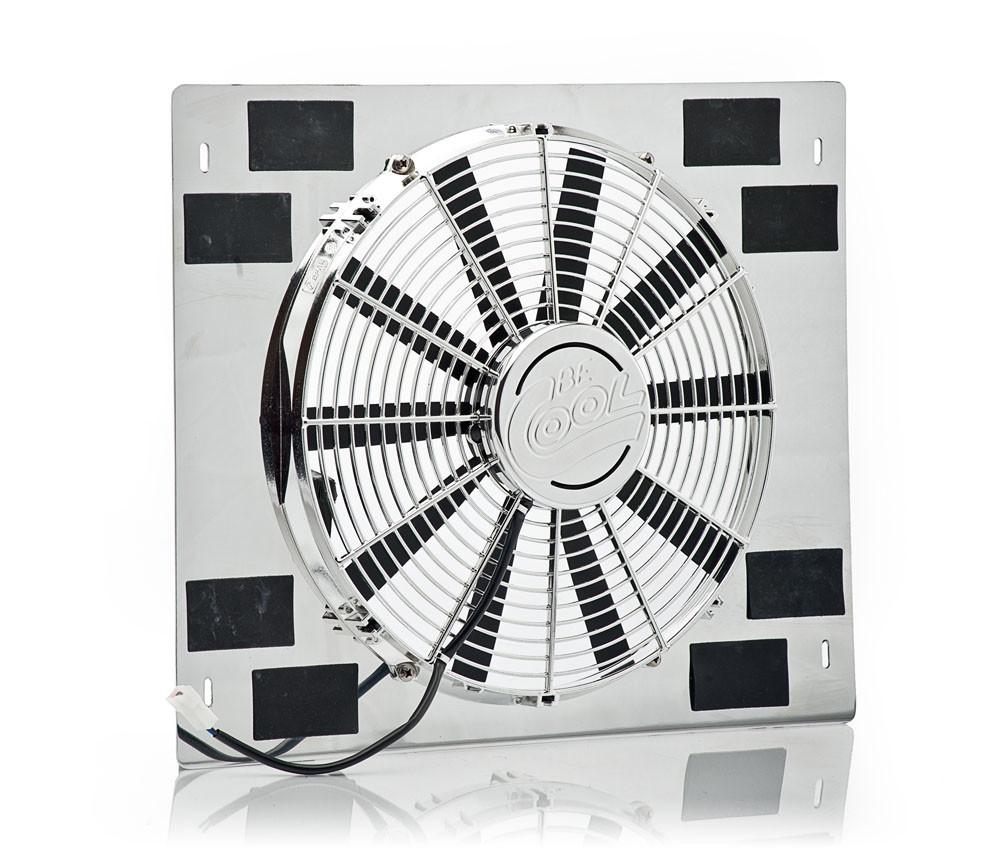 16 Inch Medium Profile Puller Fan Show and Go Stainless Shroud 22 Inch W x 18 Inch H w/Chrome Radiator Be Cool
