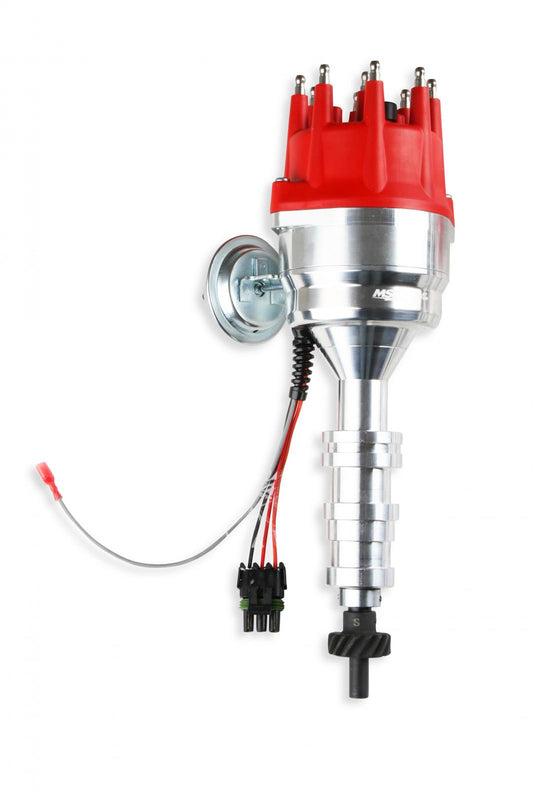 Distributor, Ford Fe, Ready-To-Run, Steel Gear 'S Pro-Billet Distributor With Small Diameter Red Cap And Ready To Run W/Vacuum Advance And Steel Gear, No Box Needed MSD Ignition-1