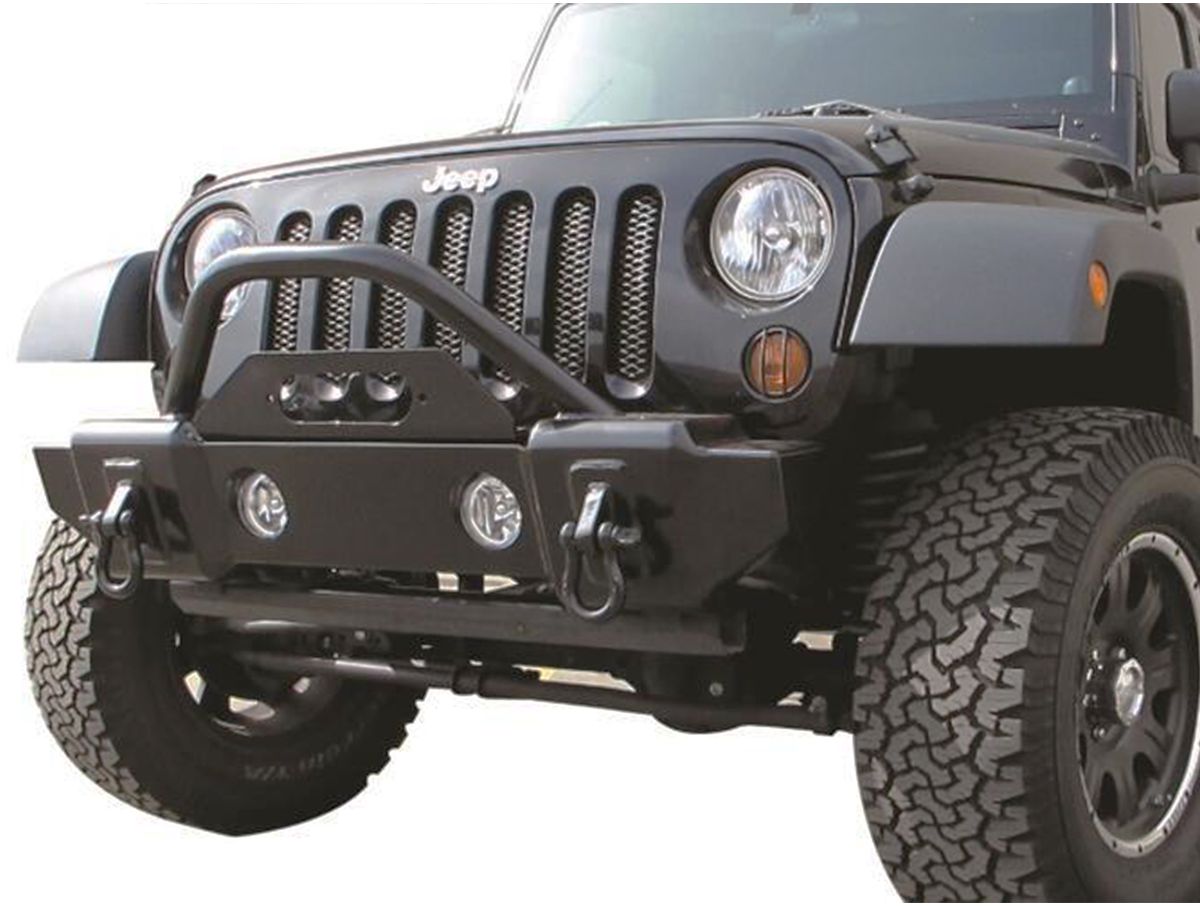 Front Mass Articulation Stubby Bumper with Stinger for 2020-2021 Jeep Gladiator, 2007-2018 Jeep Wrangler JK and JK Unlimited and 2018-2021 Wrangler JL 2-Door and 4-Door, Textured Black Rampage
