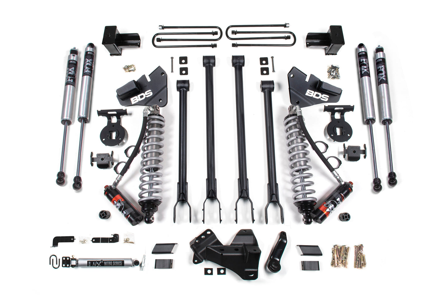 17-19 Ford F-250/F-350 4WD 4 Inch 4-Link Lift Kit, 2 Inch Rear, Block, Diesel - 2 and 3 Leaf Main - Fox 2.5 Performance Elite Series C/O Front, Fox 2.0 IFP Performance Series Aux Front, Fox 2.0 IFP Performance Series Rear BDS Suspension