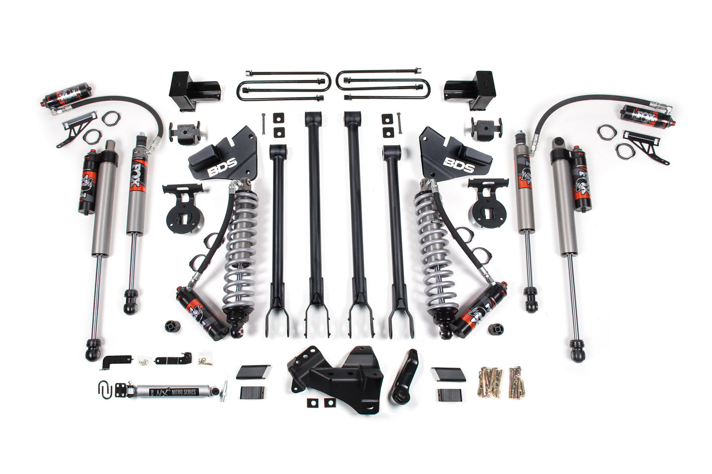 17-19 Ford F-350 4WD Dually 4 Inch 4-Link Lift Kit, 3 Inch Rear, Block, Diesel - Fox 2.5 Performance Elite Series C/O Front, Fox 2.5 Performance Elite Series Aux Front, Fox 2.5 Performance Elite Series Rear BDS Suspension