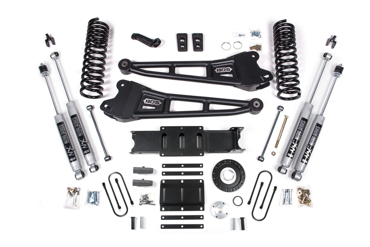 13-18 Ram 3500 4WD (Diesel) 6 Inch Radius Arm Lift Kit, 8-Bolt Indexing Ring, 5 Inch Rear Lift, Block - Fox 2.0 IFP Performance Series Shocks BDS Suspension