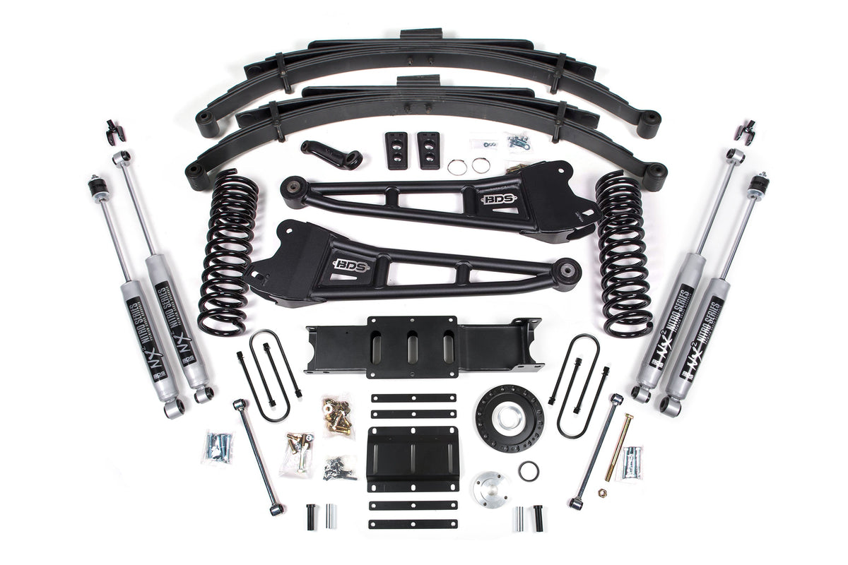 13-18 Ram 3500 4WD (Diesel) 6 Inch Radius Arm Lift Kit, 8-Bolt Indexing Ring, 4 Inch Rear Lift, Block - Fox 2.0 IFP Performance Series Shocks BDS Suspension