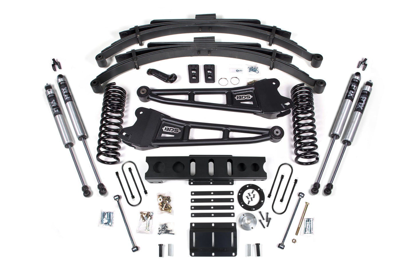 13-18 Ram 3500 4WD (Diesel) 6 Inch Radius Arm Lift Kit, 8-Bolt Indexing Ring, 4.5 Inch Rear Lift, Leaf Spring - Fox 2.5 Performance Elite Series Shocks BDS Suspension