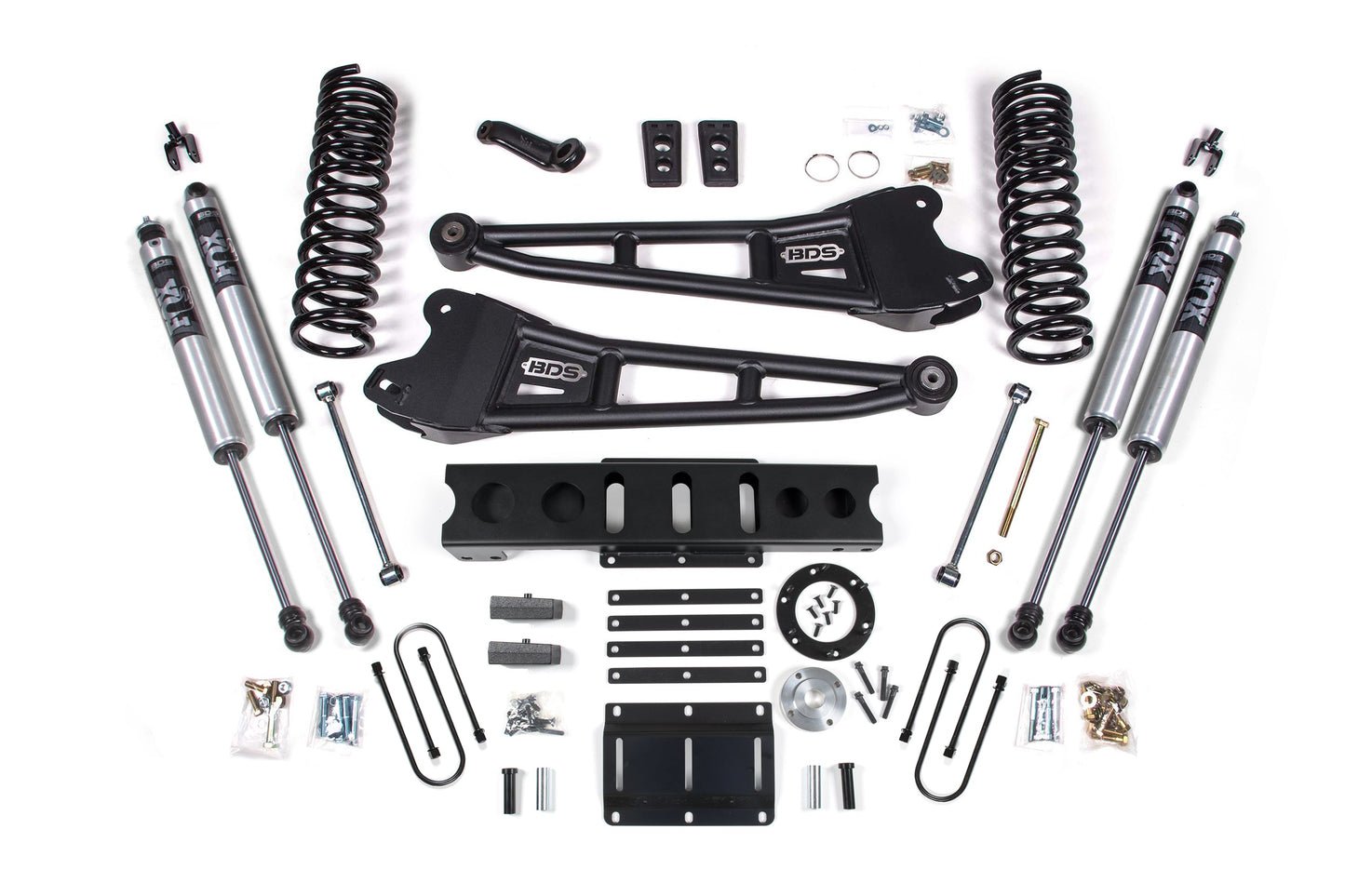 13-18 Ram 3500 4WD (Diesel) 6 Inch Radius Arm Lift Kit, 6-Bolt Indexing Ring, 4.5 Inch Rear Lift, Leaf Spring - Fox 2.5 Performance Elite Series Shocks BDS Suspension