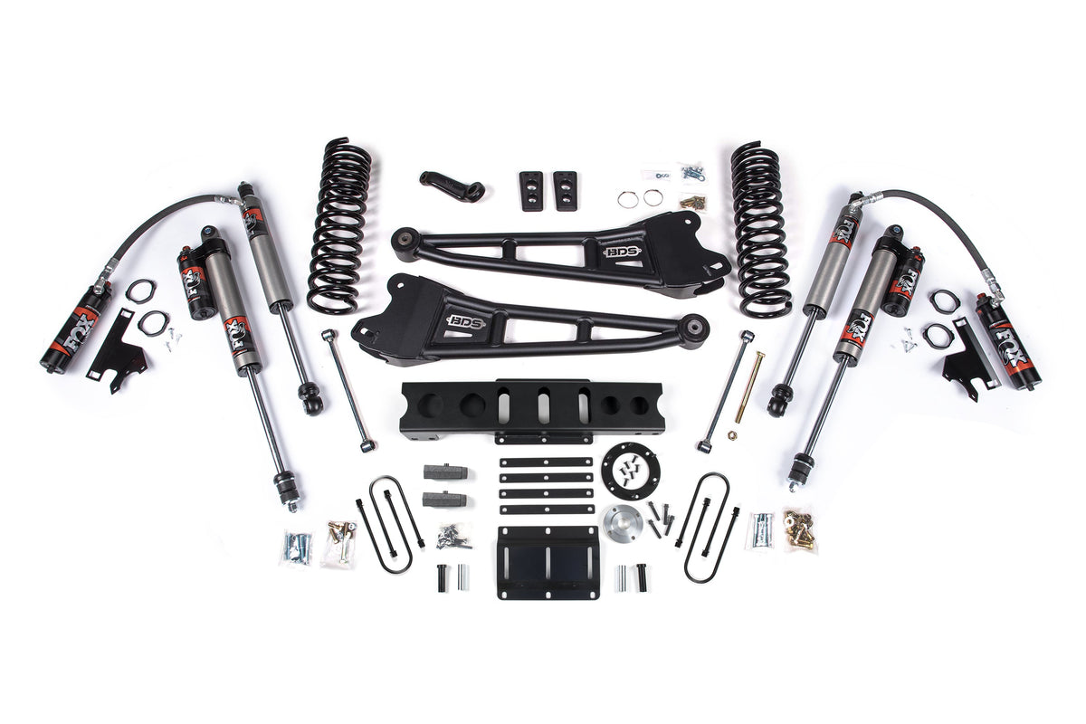 13-18 Ram 3500 4WD (Diesel) 6 Inch Radius Arm Lift Kit, 6-Bolt Indexing Ring, 4 Inch Rear Lift, Block - Fox 2.5 Performance Elite Series Shocks BDS Suspension