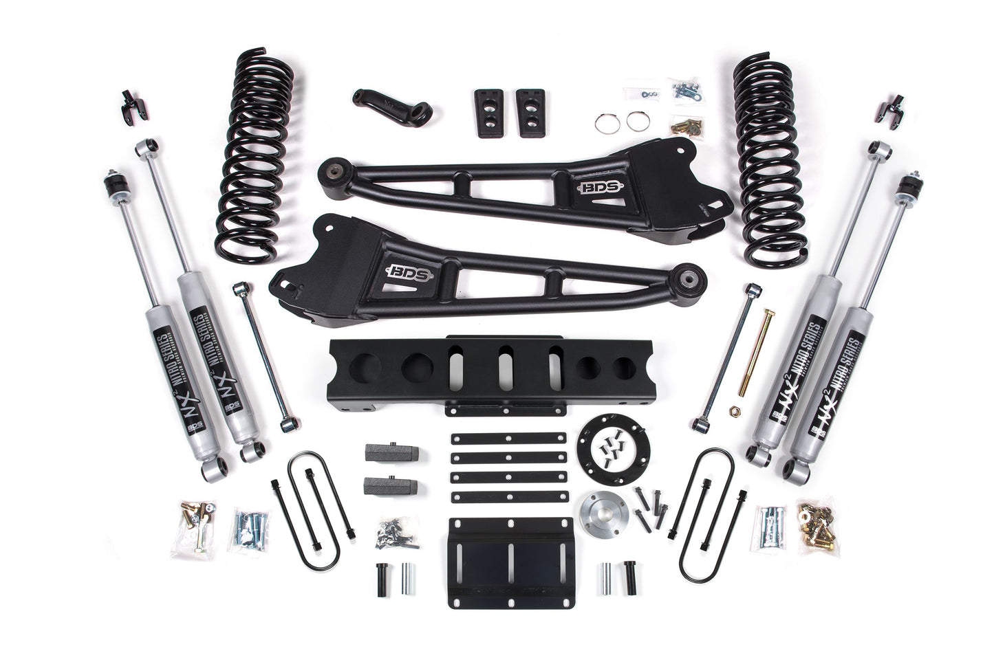 13-18 Ram 3500 4WD (Diesel) 6 Inch Radius Arm Lift Kit, 6-Bolt Indexing Ring, 4 Inch Rear Lift, Block - NX2 Nitro Series Shocks BDS Suspension