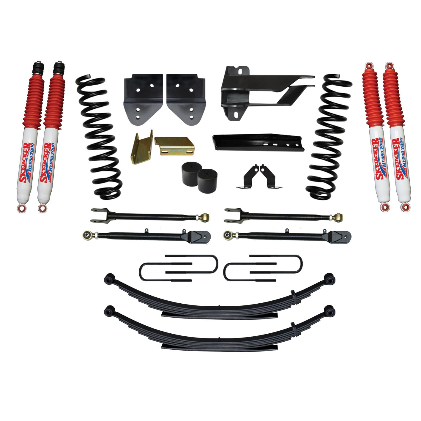Suspension Lift Kit w/Shock 4 Inch Lift Incl. Front Coil Springs Rear Leaf Springs Adjustable 4-Links Hydro 7000 Shocks 17-19 Ford F-250/ F-350 Super Duty Gas Skyjacker
