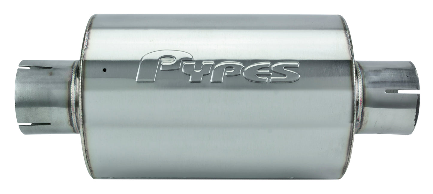 M-80 Series Muffler 2.5 in Round 6 in Width Hardware Not Incl Polished 304 Stainless Steel Pypes Performance Exhaust