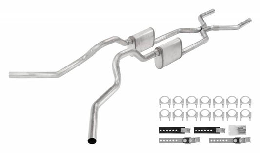 Crossmember Back W/ H-Pipe System 63-66 GM Truck Split Side Dual Exit 2.5 Inch Intermediate And Tailpipe Hardware Incl Turbo Pro Muffler Incl And Tip Not Incl Stainless Steel Pypes Performance Exhaust-1