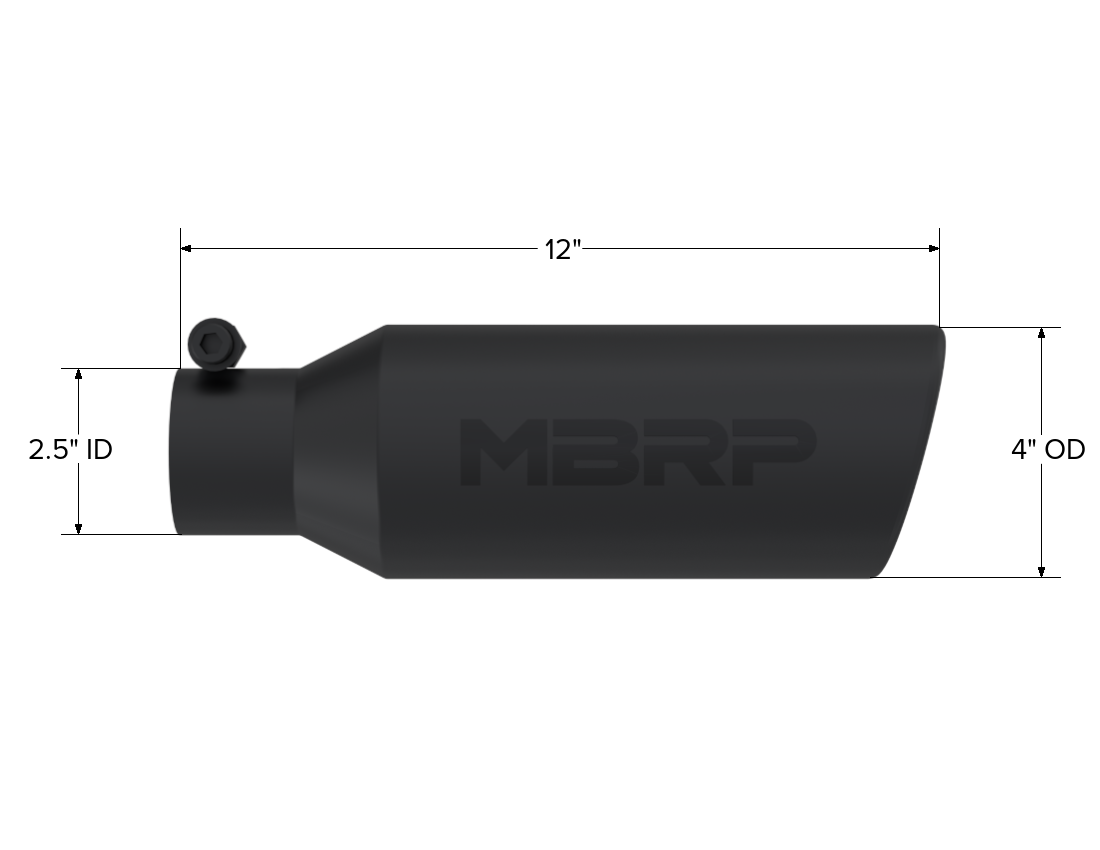 4 Inch OD 2.5 Inch Inlet 12 Inch Length Exhaust Tail Pipe Tip Angled Cut Rolled End Clampless-No Weld Black Coated MBRP-1