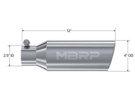 4 Inch OD 2.5 Inch Inlet 12 Inch Length Exhaust Tail Pipe TipAngled Cut Rolled End Clampless-No Weld T304 Stainless Steel MBRP-1