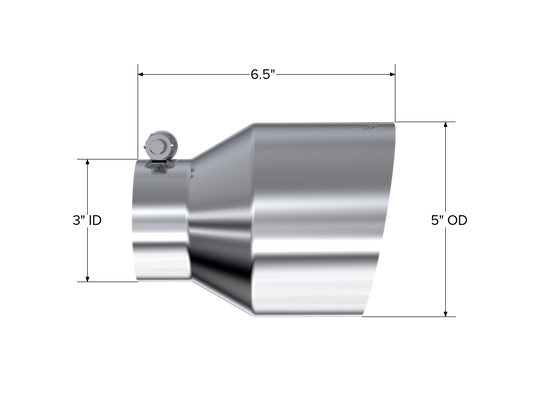 T304 Stainless Steel Tip 3 inch ID 5 inch OD Out 6.5 inch Length Angle Cut Single Wall MBRP-1