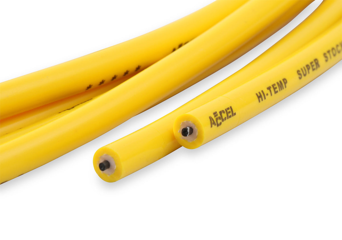 Spark Plug Wire Set 8MM Yellow With Orange 90 Deg Boots 4041 8MM Universal Fit Super Stock Spark Plug Wires Feature A Spiral Core And Yellow Silicone Jacket ACCEL-7