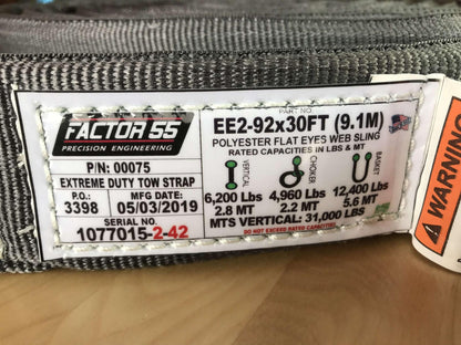 30 Foot Tow Strap Extreme Duty 30 Foot x 2 Inch Gray Factor 55-3