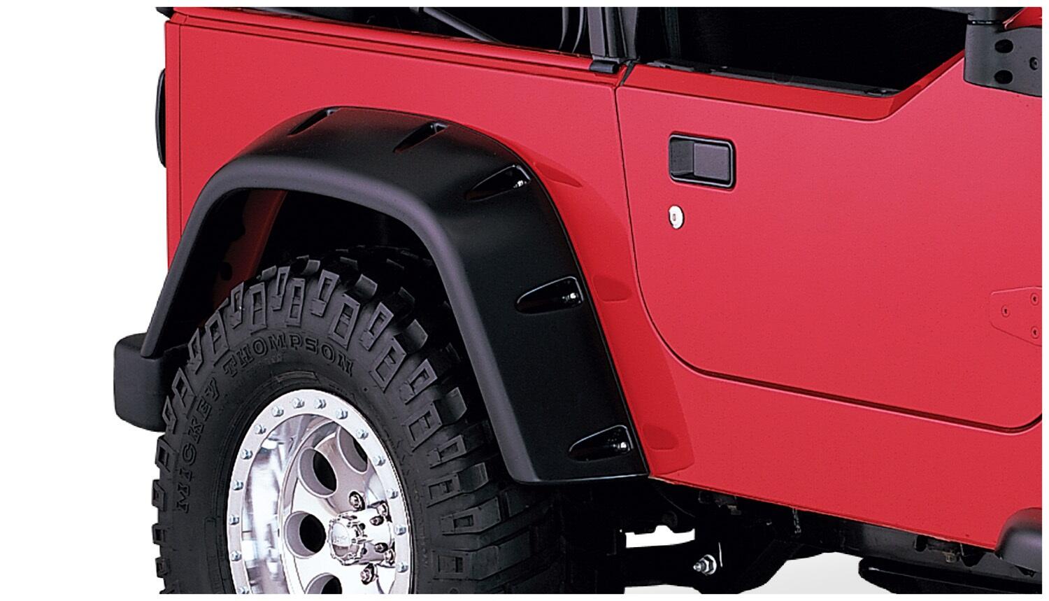 Black Max Coverage Pocket/Rivet Style Textured Finish Rear Fender Flares For 1997-2006 Jeep Wrangler TJ Bushwacker