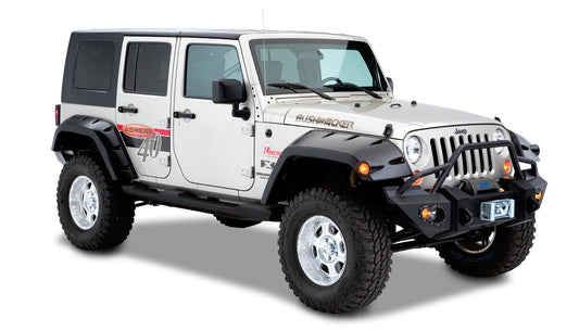 Black Max Coverage Pocket/Rivet Style Smooth Finish Rear Fender Flares With Extended Coverage For 2007-2018 Jeep Wrangler JK Unlimited 4-Door Bushwacker