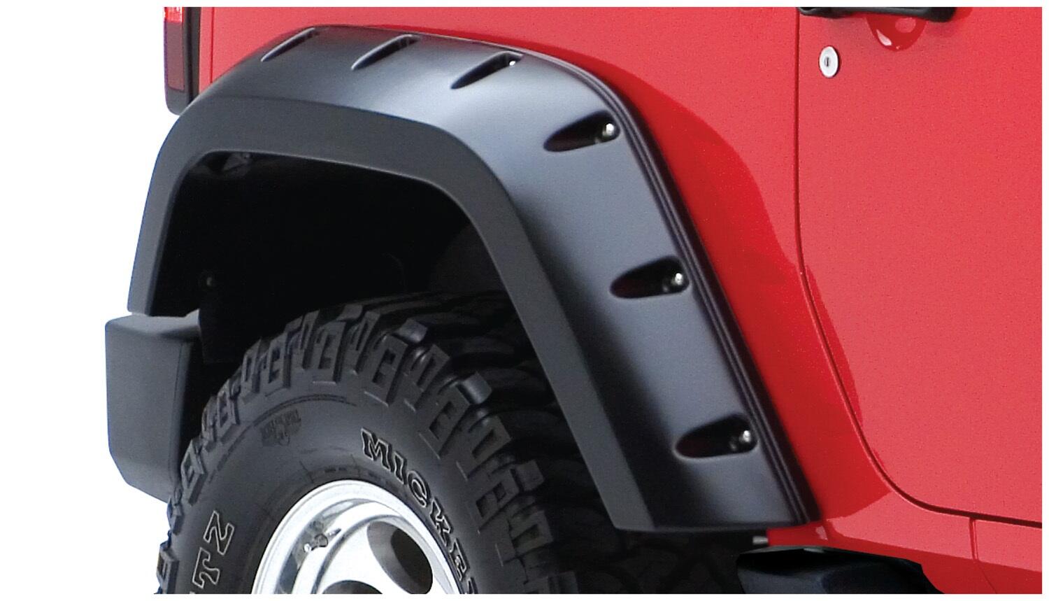 Black Max Coverage Pocket/Rivet Style Smooth Finish Rear Fender Flares With Extended Coverage For 2007-2018 Jeep Wrangler JK 2-Door Bushwacker-1