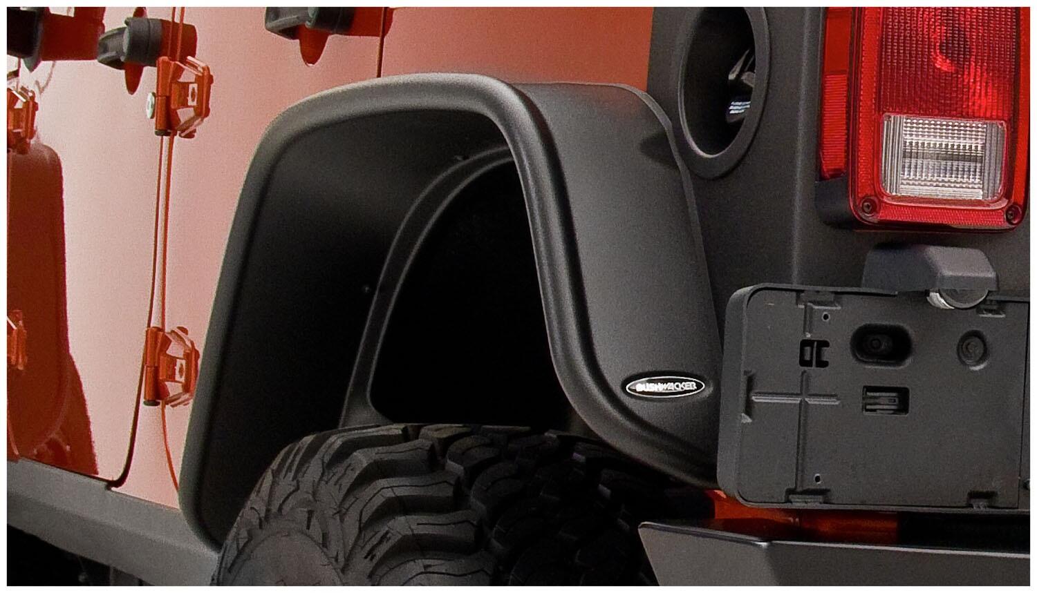 Black Jeep Flat Style Textured Finish Rear Fender Flares For 2007-2018 Jeep Wrangler JK Unlimited 4-Door Bushwacker-1
