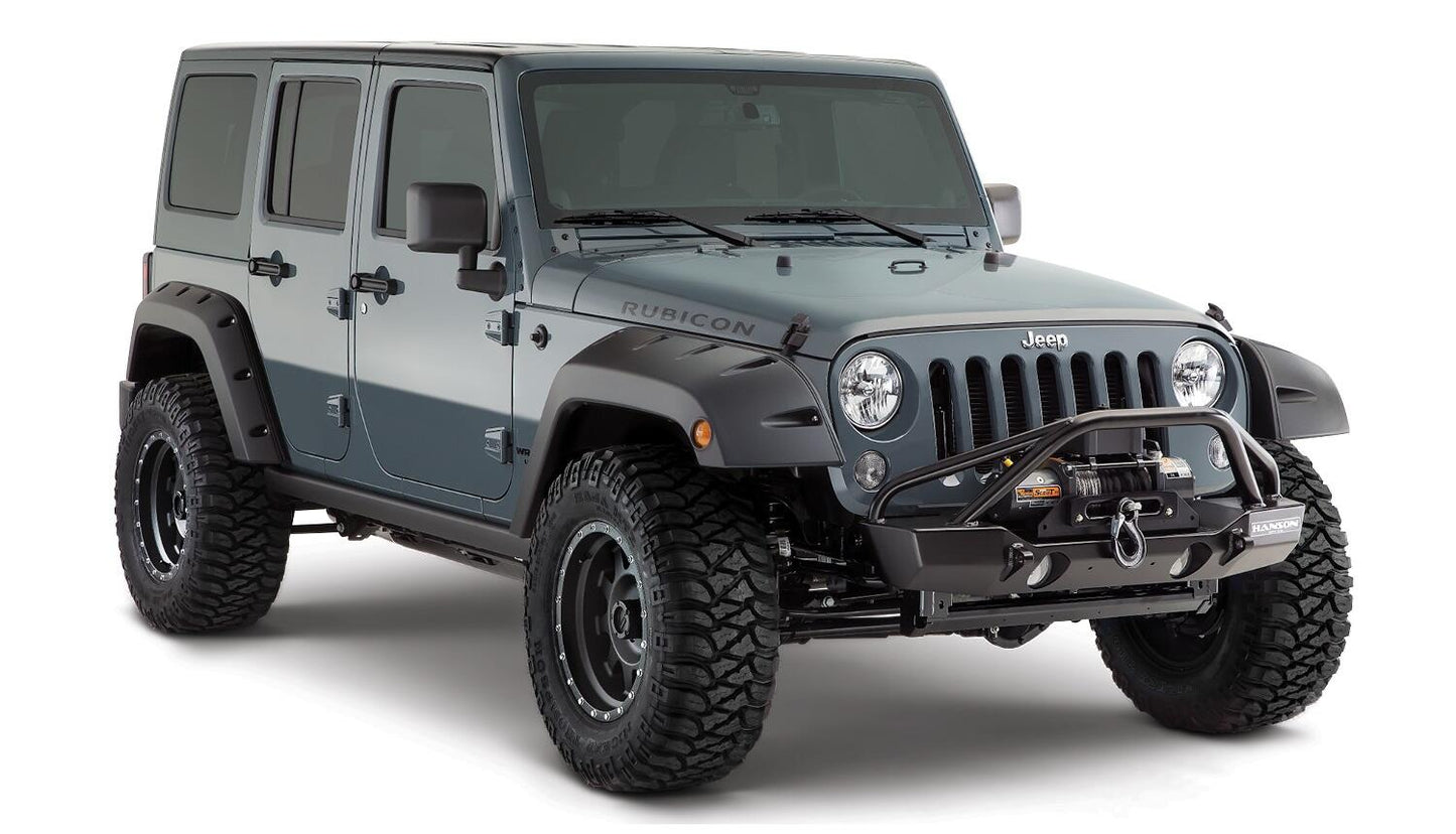 Black Pocket/Rivet Style Smooth Finish Rear Fender Flares For 2007-2018 Jeep Wrangler JK Unlimited 4-Door Bushwacker