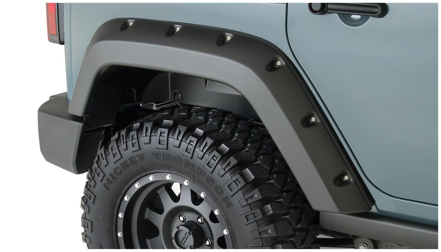 Black Pocket/Rivet Style Smooth Finish Rear Fender Flares For 2007-2018 Jeep Wrangler JK Unlimited 4-Door Bushwacker-1