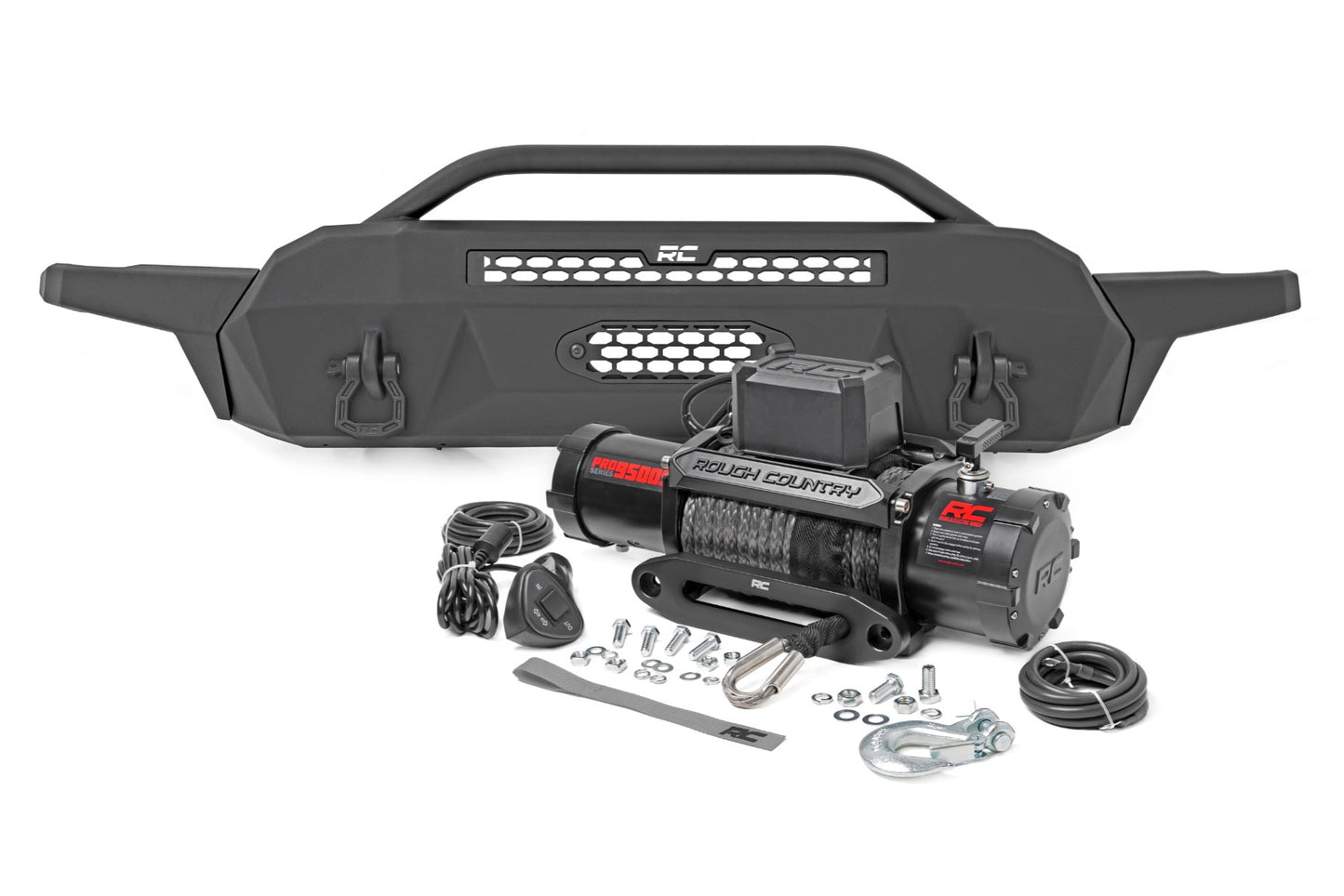 Rough Country Front Bumper High Clearance 9500 Lb Pro Series Winch Synthetic Rope 16-22 Toyota Tacoma Rough Country
