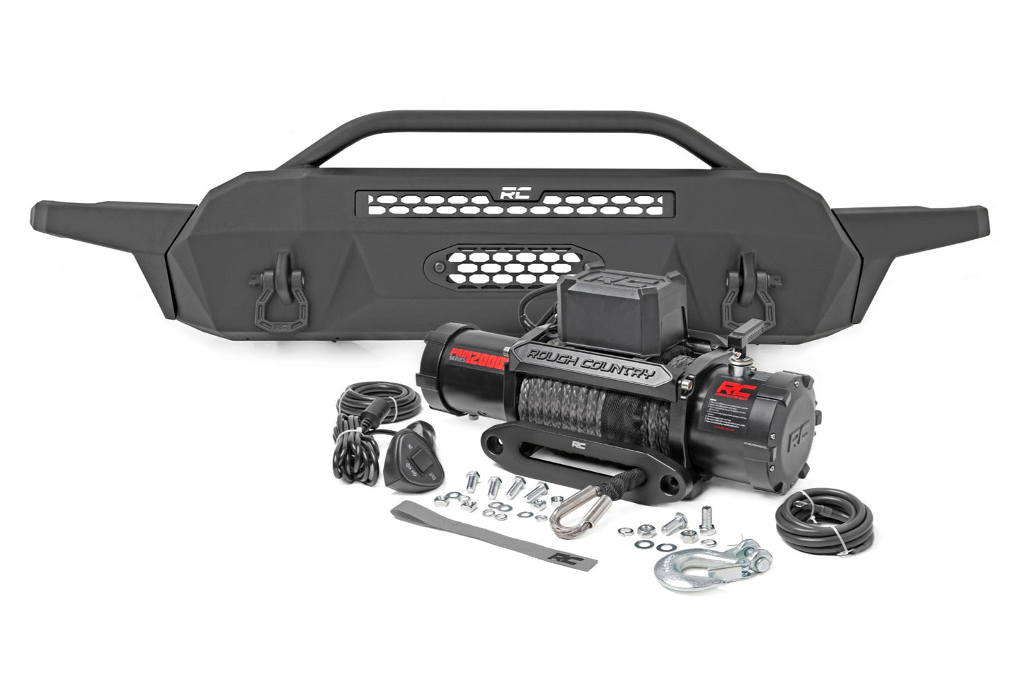 Rough Country Front Bumper High Clearance 12000 Lb Pro Series Winch Synthetic Rope 16-22 Toyota Tacoma Rough Country
