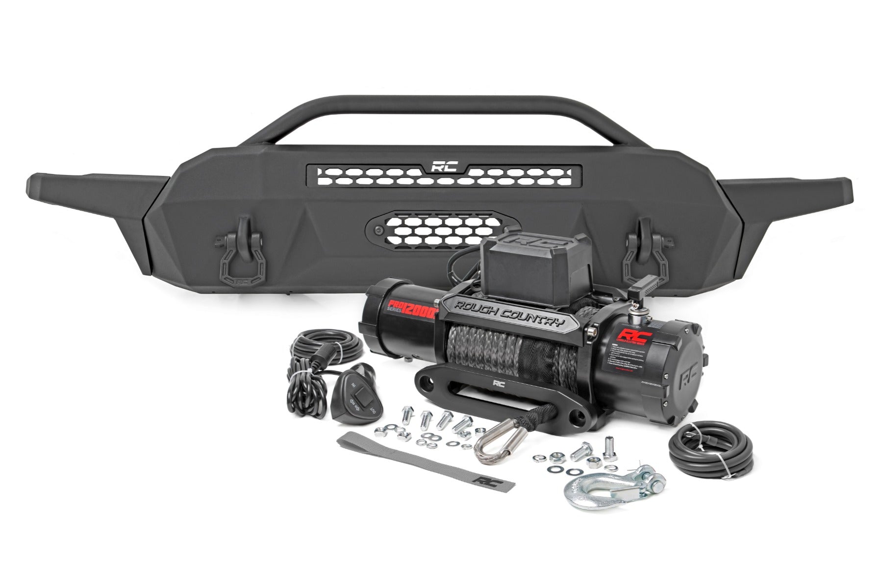 Rough Country Front Bumper High Clearance 12000 Lb Pro Series Winch Synthetic Rope 16-22 Toyota Tacoma Rough Country