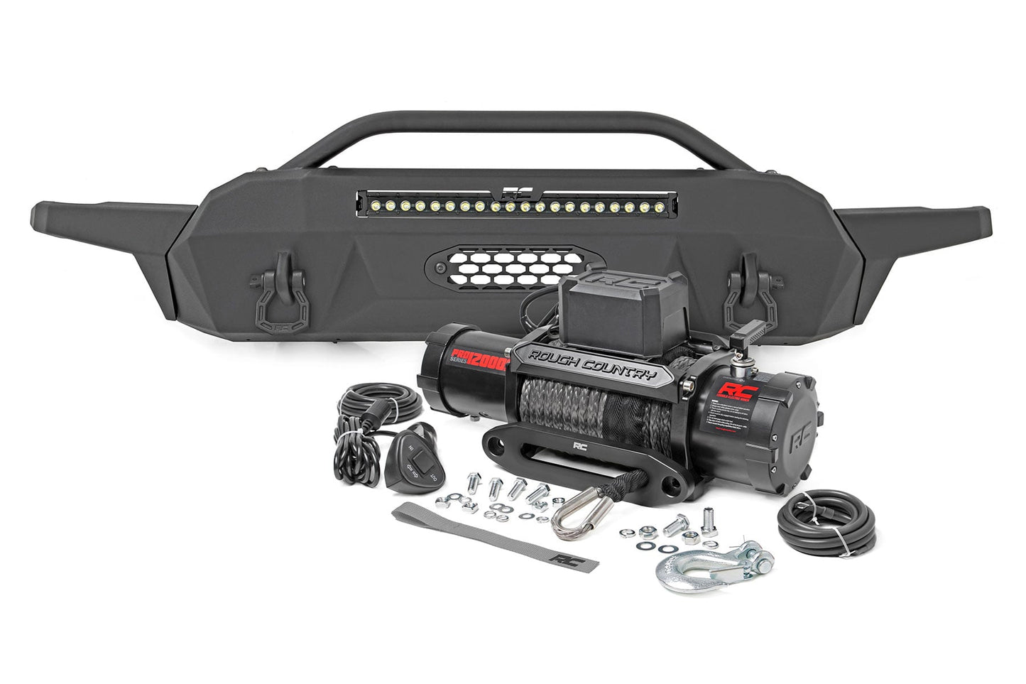 Front Bumper Hybrid 20 Inch Black LED 12000-Lb Winch Syn Toyota Tacoma (16-23) Rough Country